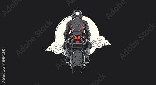 Motorcyclist riding a bike with red accents on a black background.