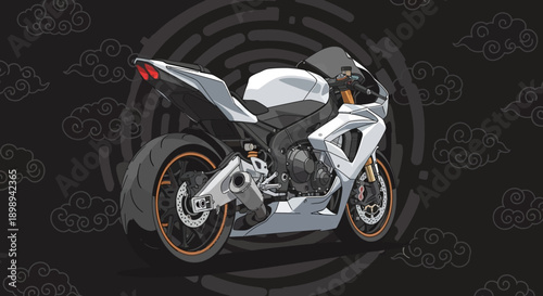 White sports motorcycle on a black background with subtle pattern.