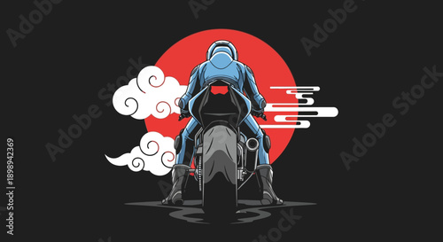 Motorcyclist riding with speed and freedom against a red sun.