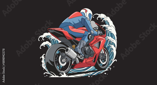 Motorcycle Rider Illustration with Splashing Water.