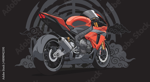 Red and black sports motorcycle illustration on dark background.