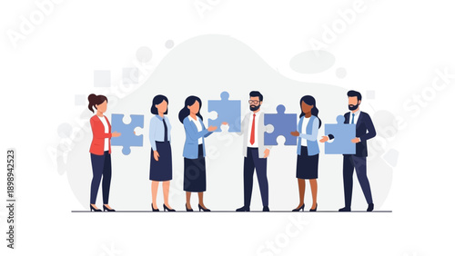 Diverse business team assembling puzzle pieces, teamwork and collaboration concept