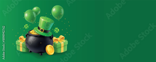 St. Patricks Day composition with pot of gold, balloons, leprechaun hat and gift boxes