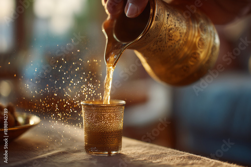 Traditional Arabic Coffee Pouring from Golden Dallah into Finjan. Authentic Saudi Hospitality Concept with Warm Lighting and Dates for Ramadan and Eid Celebration.