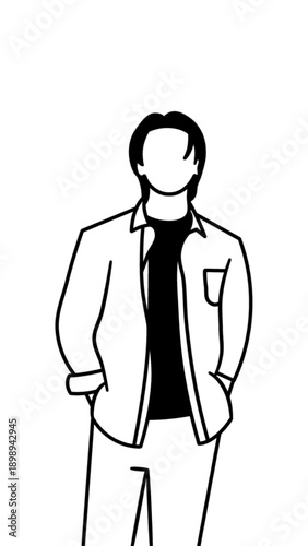 Line art illustration depicts a schoolboy casually wearing her school uniform. This illustration was inspired by a scene from a popular Korean drama.