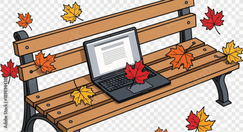Laptop on a Wooden Bench with Leaves.