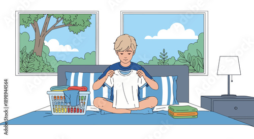 Independent little boy folding clean clothes on his bed, modern flat vector illustrating good habits, self-reliance, and tidy home routine