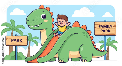 Flat vector illustration of a smiling kid sliding down a friendly dragon slide in a play zone with safety mats, soft-play shapes and clear signage. Solid colors, no gradients 