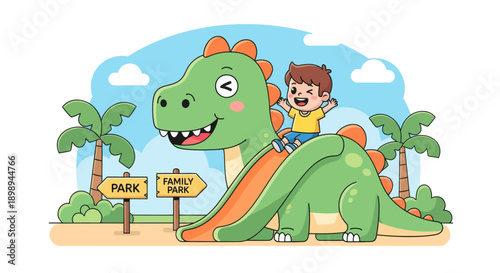 Flat vector illustration of a smiling kid sliding down a friendly dragon slide in a play zone with safety mats, soft-play shapes and clear signage. Solid colors, no gradients 