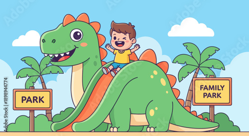 Flat vector illustration of a smiling kid sliding down a friendly dragon slide in a play zone with safety mats, soft-play shapes and clear signage. Solid colors, no gradients 