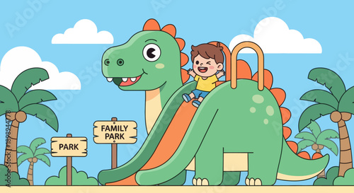 Flat vector illustration of a smiling kid sliding down a friendly dragon slide in a play zone with safety mats, soft-play shapes and clear signage. Solid colors, no gradients 