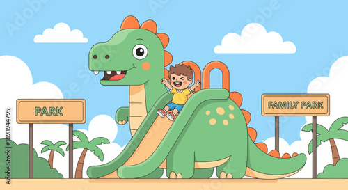 Flat vector illustration of a smiling kid sliding down a friendly dragon slide in a play zone with safety mats, soft-play shapes and clear signage. Solid colors, no gradients 