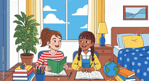 Sisters organizing books and school supplies together, modern flat vector showing cooperation, learning discipline, and positive study habits