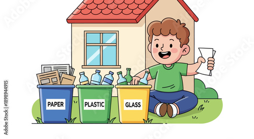 Independent little boy sorting recyclable waste, modern flat vector promoting good habits and eco-friendly responsibility