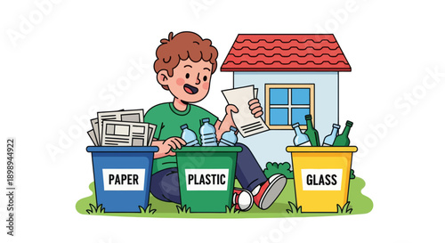 Independent little boy sorting recyclable waste, modern flat vector promoting good habits and eco-friendly responsibility