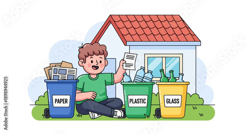 Independent little boy sorting recyclable waste, modern flat vector promoting good habits and eco-friendly responsibility