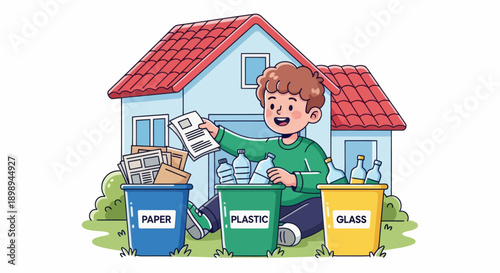 Independent little boy sorting recyclable waste, modern flat vector promoting good habits and eco-friendly responsibility