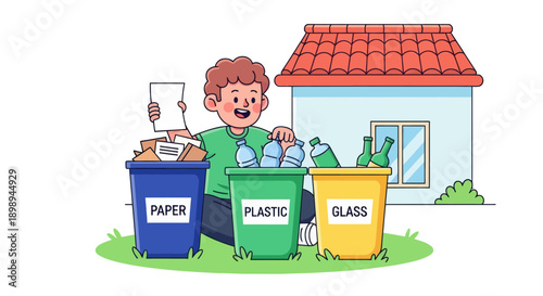 Independent little boy sorting recyclable waste, modern flat vector promoting good habits and eco-friendly responsibility