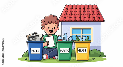 Independent little boy sorting recyclable waste, modern flat vector promoting good habits and eco-friendly responsibility