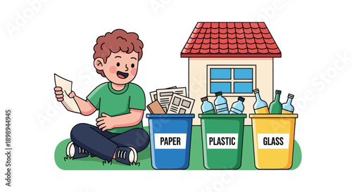 Independent little boy sorting recyclable waste, modern flat vector promoting good habits and eco-friendly responsibility