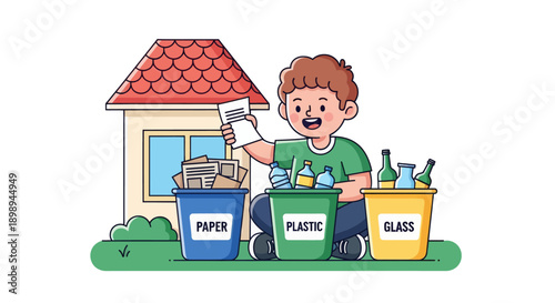 Independent little boy sorting recyclable waste, modern flat vector promoting good habits and eco-friendly responsibility