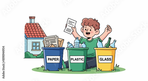 Independent little boy sorting recyclable waste, modern flat vector promoting good habits and eco-friendly responsibility