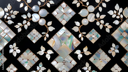 Korean mother-of-pearl patterns. Korean Lacquerware Pattern Design, featuring intricate Mother-of-Pearl Inlay on a rich black Lacquer background, crafted by traditional Korean Najeonchilgi artists
