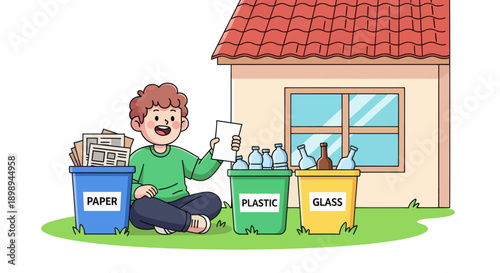 Independent little boy sorting recyclable waste, modern flat vector promoting good habits and eco-friendly responsibility
