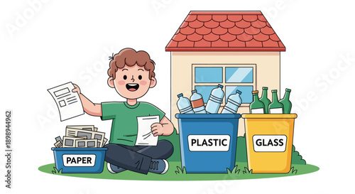 Independent little boy sorting recyclable waste, modern flat vector promoting good habits and eco-friendly responsibility