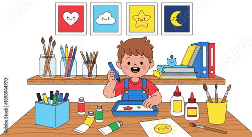 Independent little boy organizing art supplies, modern flat vector promoting good habits and creative discipline