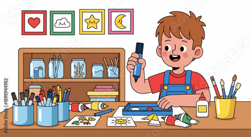 Independent little boy organizing art supplies, modern flat vector promoting good habits and creative discipline