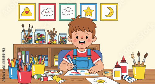 Independent little boy organizing art supplies, modern flat vector promoting good habits and creative discipline