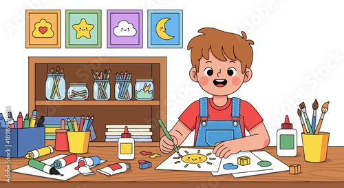 Independent little boy organizing art supplies, modern flat vector promoting good habits and creative discipline