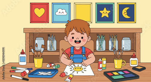 Independent little boy organizing art supplies, modern flat vector promoting good habits and creative discipline