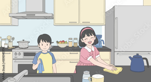 Young siblings wiping the kitchen table together, modern flat vector showing cooperation, cleanliness, and shared home responsibility