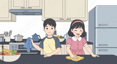Young siblings wiping the kitchen table together, modern flat vector showing cooperation, cleanliness, and shared home responsibility