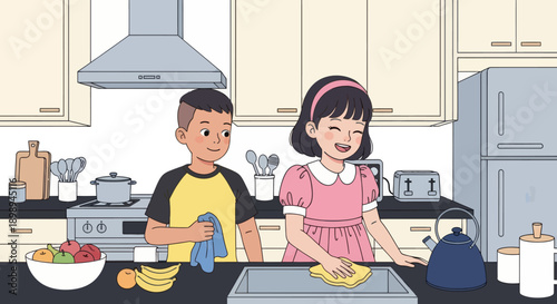 Young siblings wiping the kitchen table together, modern flat vector showing cooperation, cleanliness, and shared home responsibility