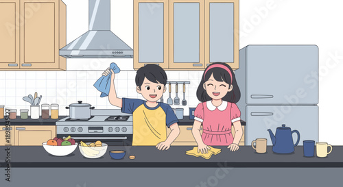 Young siblings wiping the kitchen table together, modern flat vector showing cooperation, cleanliness, and shared home responsibility