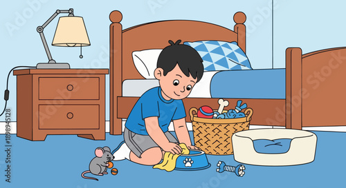 Independent little boy cleaning pet area at home, modern flat vector promoting good habits and caring attitude