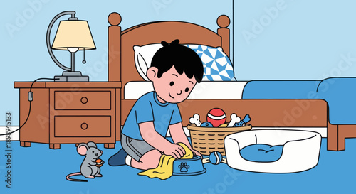 Independent little boy cleaning pet area at home, modern flat vector promoting good habits and caring attitude