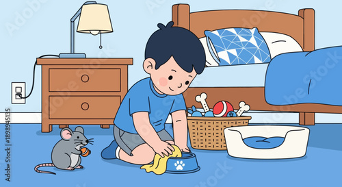 Independent little boy cleaning pet area at home, modern flat vector promoting good habits and caring attitude