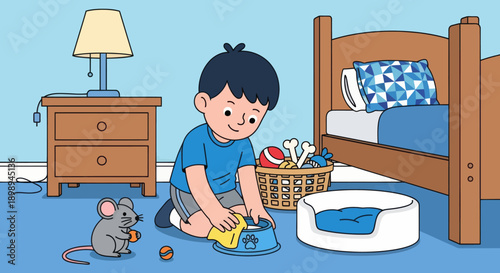 Independent little boy cleaning pet area at home, modern flat vector promoting good habits and caring attitude