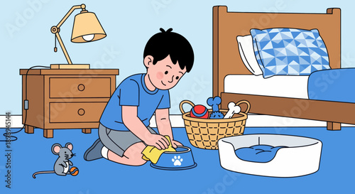 Independent little boy cleaning pet area at home, modern flat vector promoting good habits and caring attitude