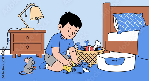 Independent little boy cleaning pet area at home, modern flat vector promoting good habits and caring attitude