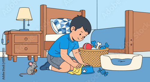 Independent little boy cleaning pet area at home, modern flat vector promoting good habits and caring attitude