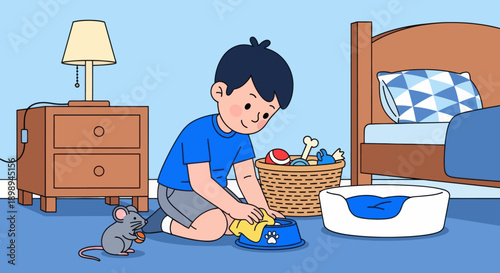 Independent little boy cleaning pet area at home, modern flat vector promoting good habits and caring attitude