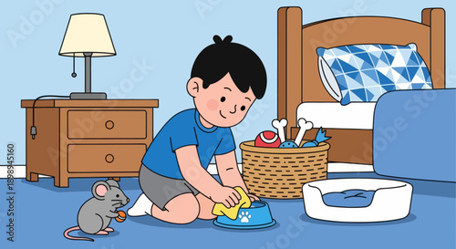 Independent little boy cleaning pet area at home, modern flat vector promoting good habits and caring attitude