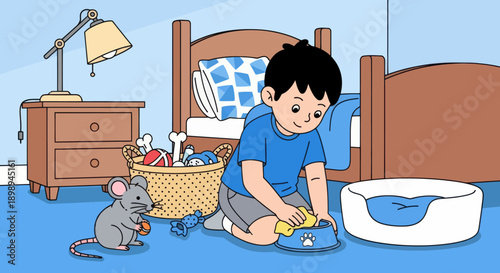Independent little boy cleaning pet area at home, modern flat vector promoting good habits and caring attitude