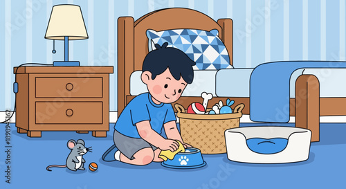 Independent little boy cleaning pet area at home, modern flat vector promoting good habits and caring attitude