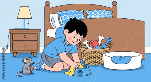 Independent little boy cleaning pet area at home, modern flat vector promoting good habits and caring attitude

